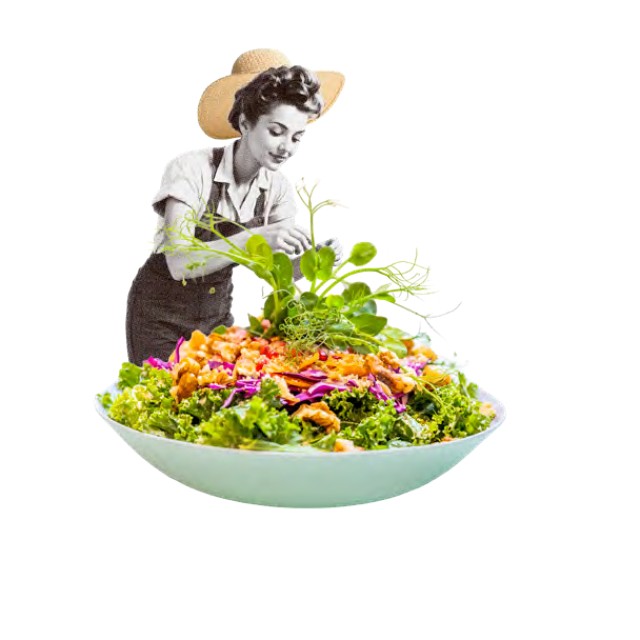 A woman wearing a straw hat picks fresh herbs over a bowl of colourful salad with leafy greens, vegetables and sprouts.