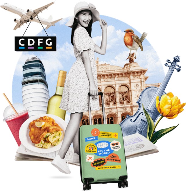 Reisende mit Koffer vor Symbolen Wiens wie Oper, Tower, Schnitzel, Geige und Flugzeug.
