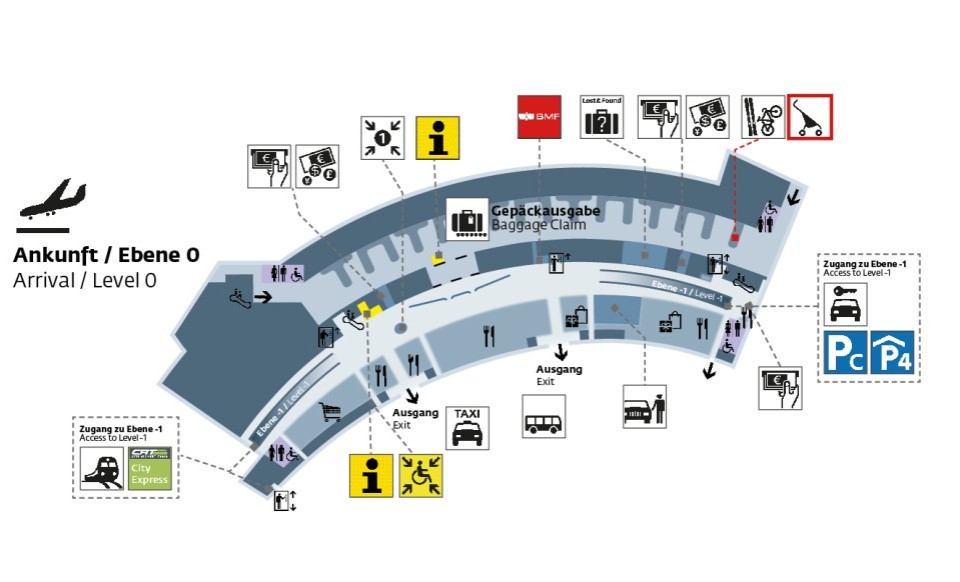 Orientierungsplan der Ankunftsebene (Ebene 0) am Flughafen Wien mit gekennzeichneten Bereichen für Gepäckausgabe, Ausgänge, Taxis, Parkplätze, City Airport Train und verschiedenen Services wie Fundbüro, Geldautomaten, Wickelräume und Infoschalter.