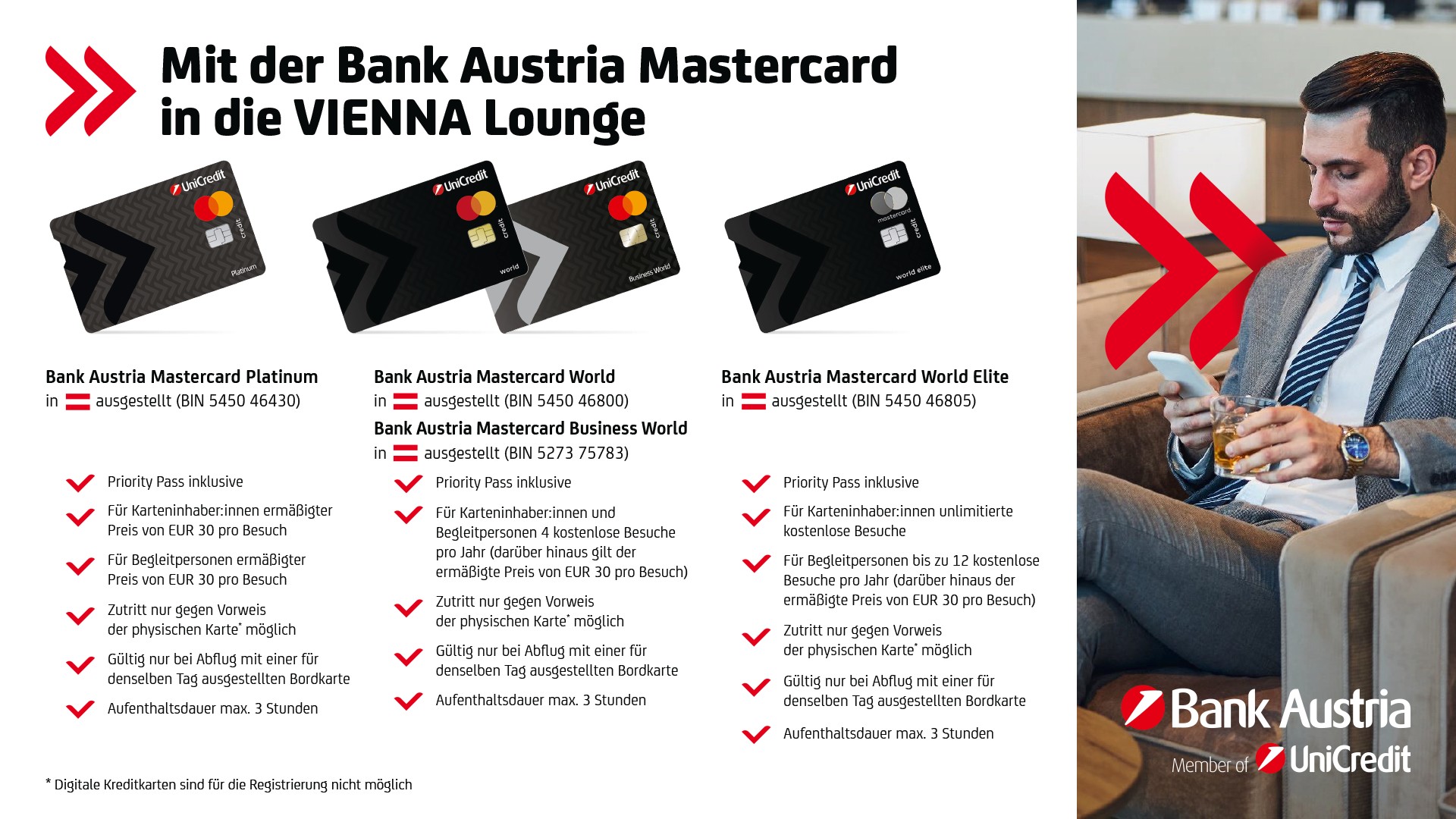 Informationsblatt zur Nutzung der VIENNA Lounge mit verschiedenen Bank Austria Mastercard Kreditkarten
