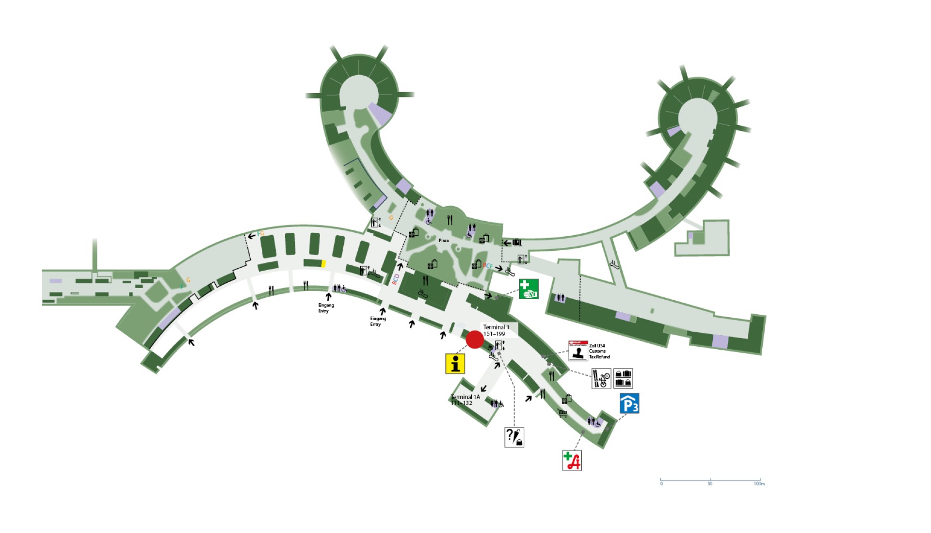 Lageplan eines Flughafenterminals mit Eingängen, Gates, Infoschaltern und medizinischer Versorgung.