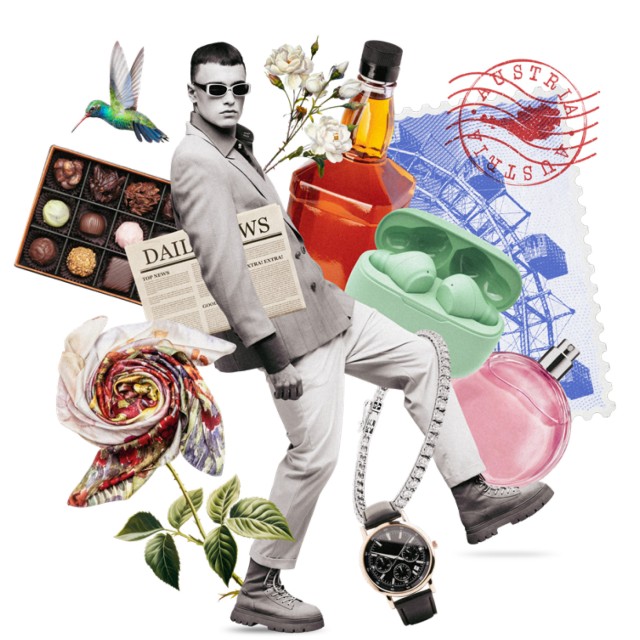 Stylisher Mann mit Zeitung, Pralinen, Parfum, Uhr und Blumen – ein Bild voller Shopping und Lifestyle.