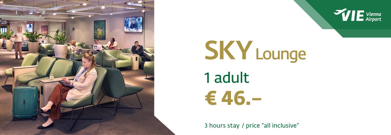 Advertisement banner for the SKY Lounge at Vienna Airport. Several people are seated comfortably on green chairs in a modern lounge setting. On the right side, the text reads “SKY Lounge,” followed by “1 Adult €46” and “3-hour stay / all-inclusive price.” The Vienna Airport logo is displayed in the top right corner.