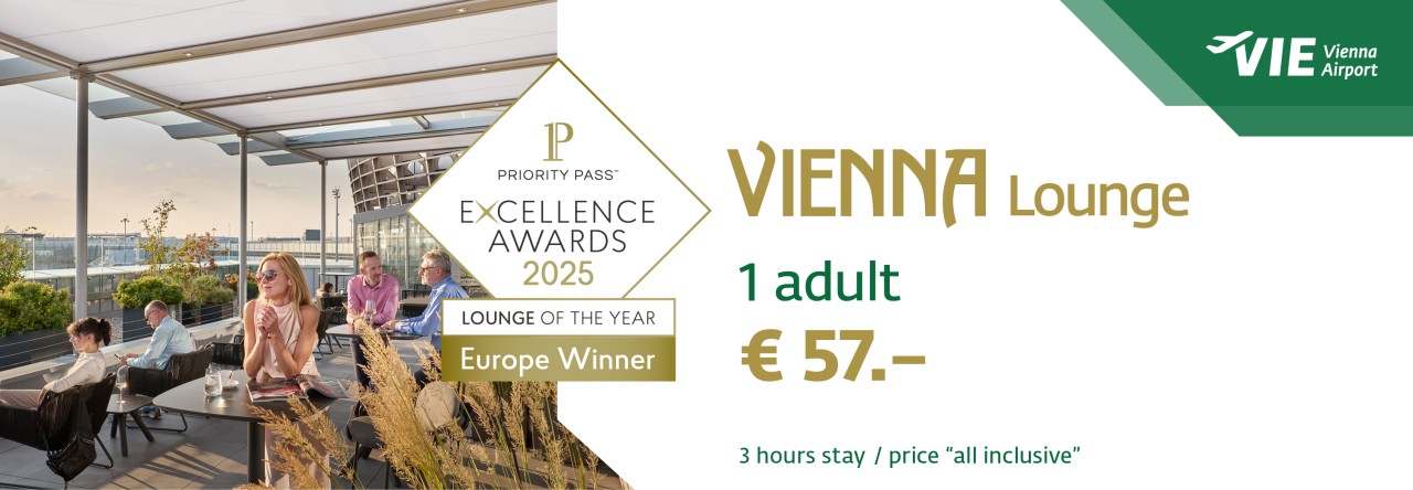 Advertisement banner for the Vienna Lounge at Vienna Airport, winner of the 2025 Priority Pass Excellence Award for Lounge of the Year in Europe. On the left, people are relaxing on a terrace with views of greenery and buildings in the background. On the right, the text reads: “VIENNA Lounge,” “1 Adult,” “€57,” “3-hour stay / all-inclusive price.” The Vienna Airport logo is in the top right corner.