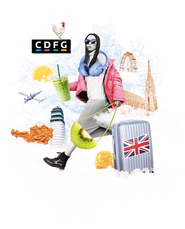 Collage of a traveller with an Austria-themed suitcase, surrounded by Vienna landmarks, an aeroplane, headphones and Austrian specialities.