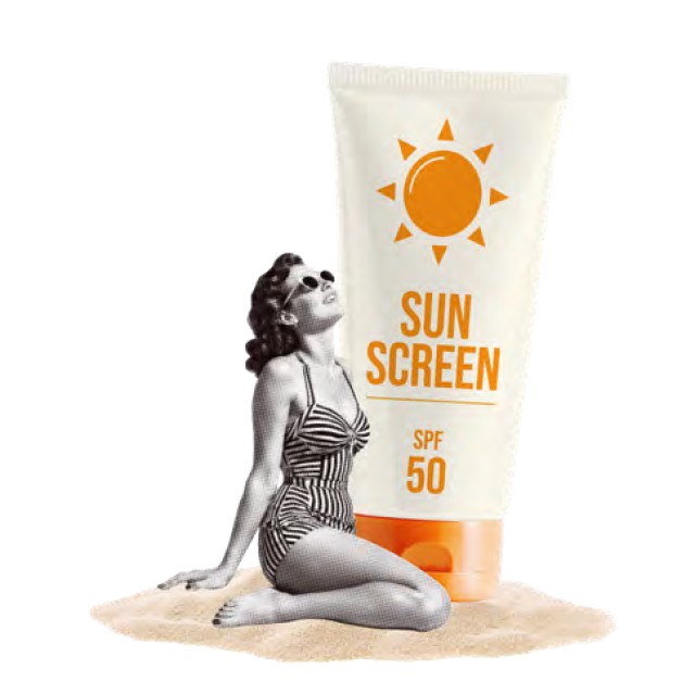 Woman in a striped swimsuit sitting beside a bottle of SPF 50 sunscreen on a patch of sand.