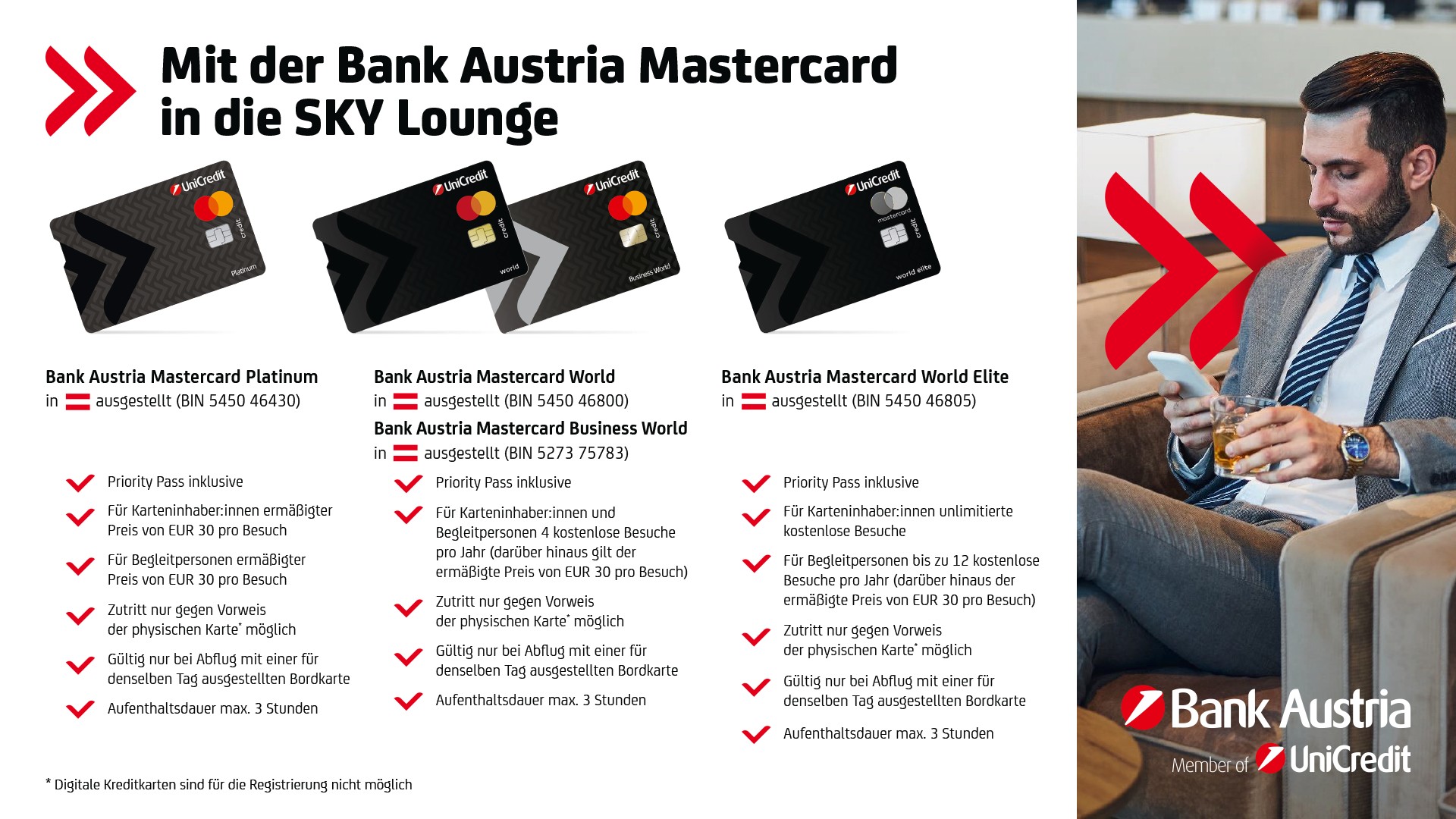 Informationsblatt zur Nutzung der SKY Lounge mit verschiedenen Bank Austria Mastercard Kreditkarten