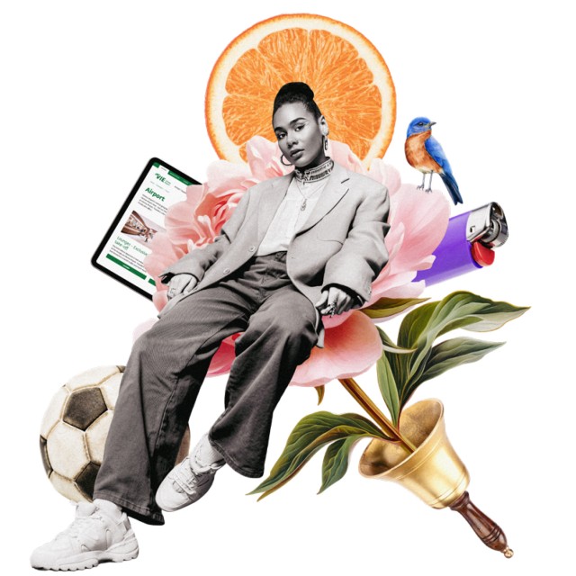Junge Frau vor Blumen, Orange, Fußball und Tablet – modernes Leben trifft Natur und Technik.