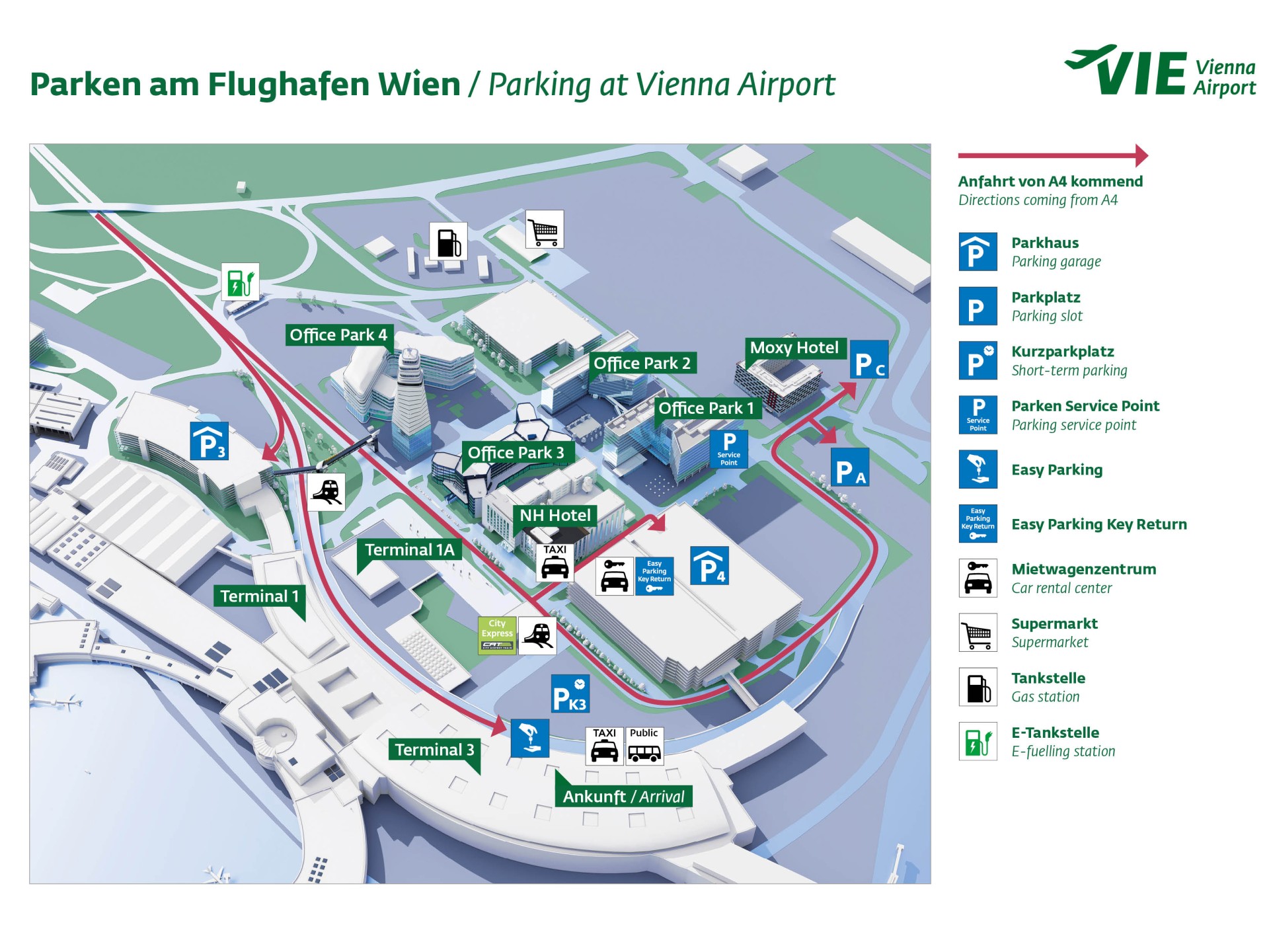 3D-Karte des Flughafens Wien mit Parkplätzen, Terminals, Hotels, Mietwagenzentrum und Zufahrtswegen.