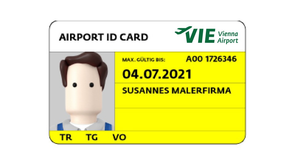 Gelbe Zugangskarte des Flughafens Wien mit der Aufschrift „Airport ID Card“ und einem stilisierten Avatar. Die Karte zeigt den Namen „Susannes Malerfirma“ und das Ablaufdatum 04.07.2021.