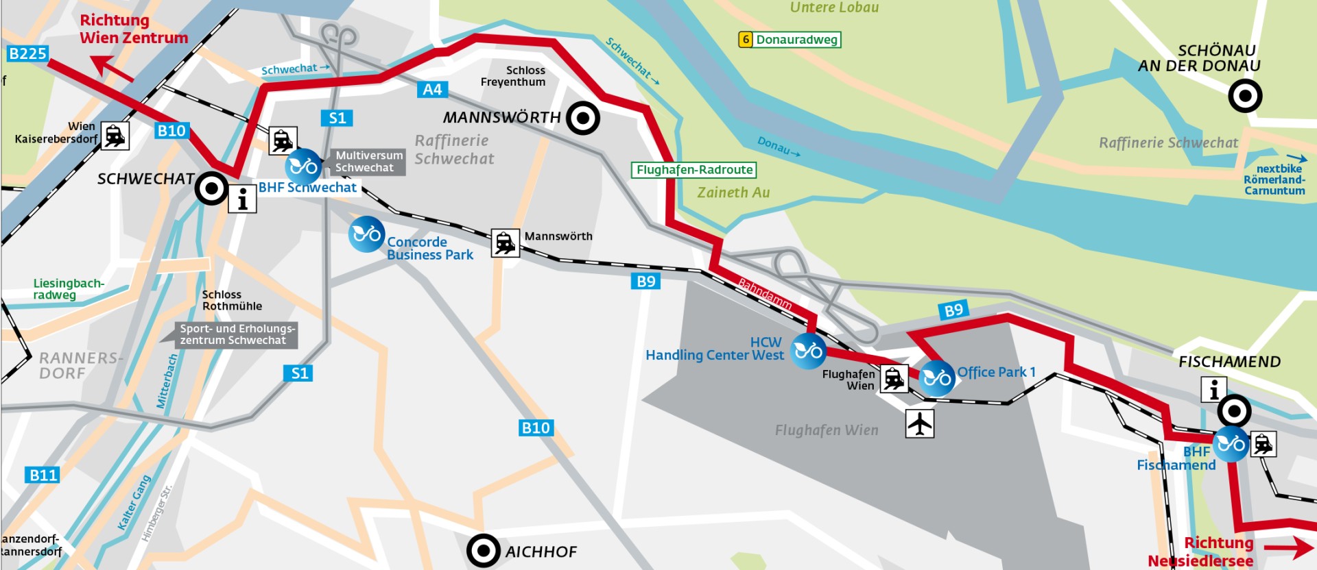 Übersichtskarte der Flughafen-Radroute mit Anbindung an Wien, Fischamend und Donauradweg.