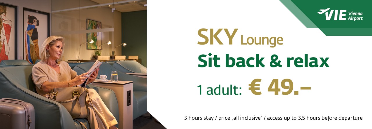 Promotional banner for SKY Lounge at Vienna Airport. Price shown: “1 Adult: €49”. Additional info: “3 hours stay / all-inclusive price / access max. 3.5 hours before departure”.