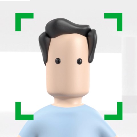 A simplified, animated face with no distinguishable facial features like a mouth or nose. It has smooth, beige skin with black, round eyes and dark, wavy hair. The person is wearing a light blue T-shirt. Green corners frame the face, possibly indicating facial recognition.