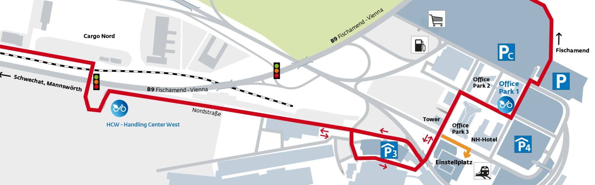 Detailkarte der Radroute zum Flughafen Wien mit Einstellplatz, Parkhäusern und Straßenverlauf.