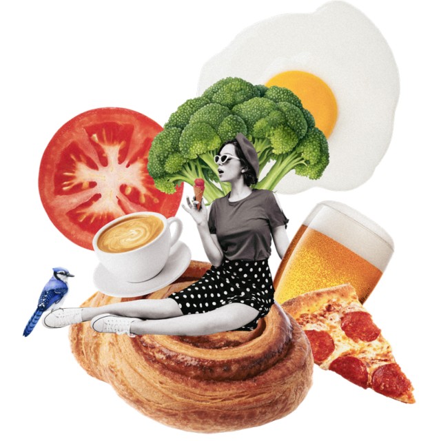 Woman on cinnamon roll with coffee, beer, pizza, veggies and egg – a mix of breakfast and indulgence.