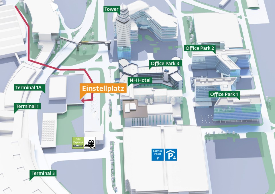3D-Karte rund um den Einstellplatz am Flughafen Wien mit Terminals, Hotels und Bürogebäuden.