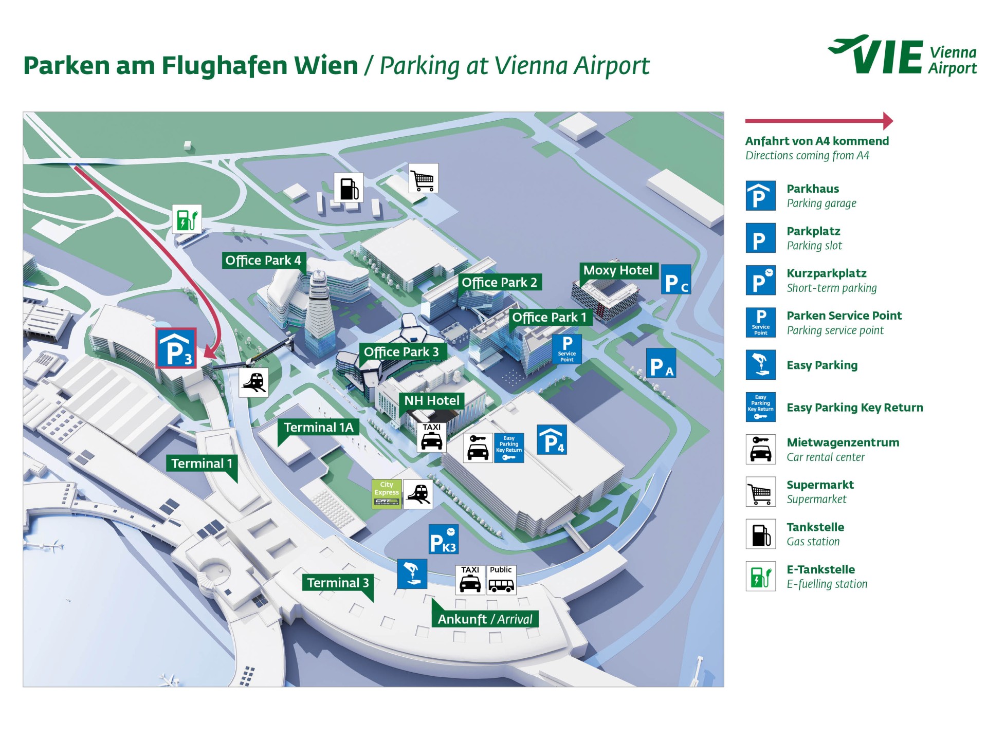 3D-Karte vom Flughafen Wien zeigt Parkmöglichkeiten, Hotels, Terminals und Serviceeinrichtungen.