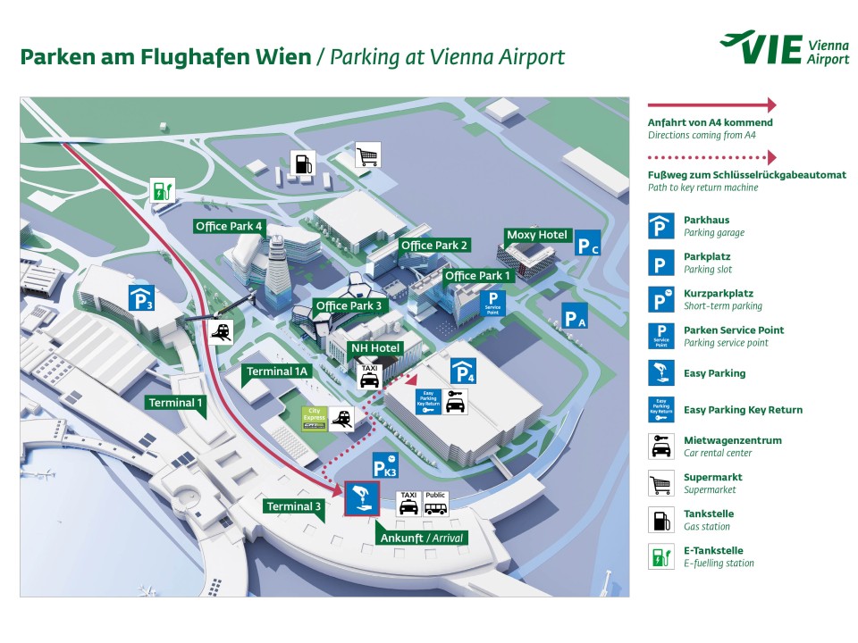 3D-Karte vom Flughafen Wien zeigt Parkmöglichkeiten, Hotels, Terminals und Serviceeinrichtungen.