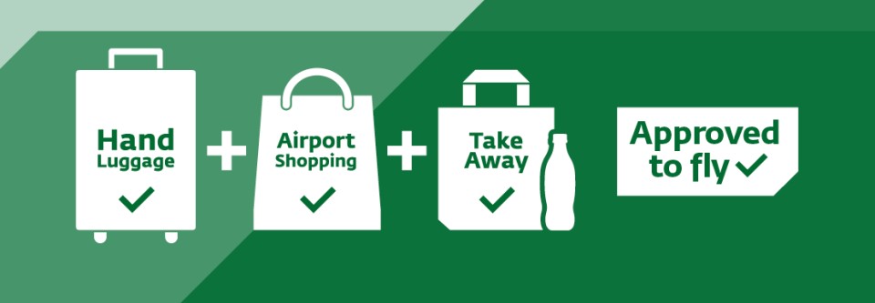 Handgepäck, Flughafen-Shopping und Take-away sind erlaubt – alles ist flugtauglich.